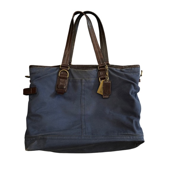 Vintage Coach Blue Canvas Leather Trim Tote Bag Purse Handbag Brass Hardware - Picture 1 of 14